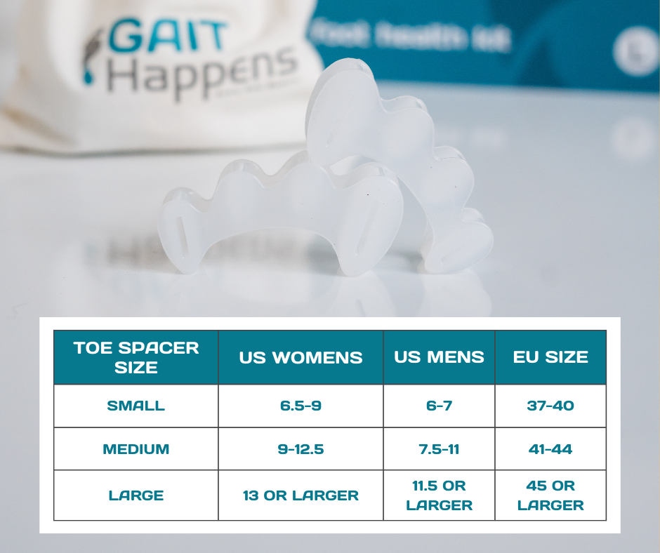 Toe spacers sizing chart